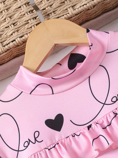 EtherealBe sweet ruffle long sleeve top and skirt in pink with heart prints and ruffle details