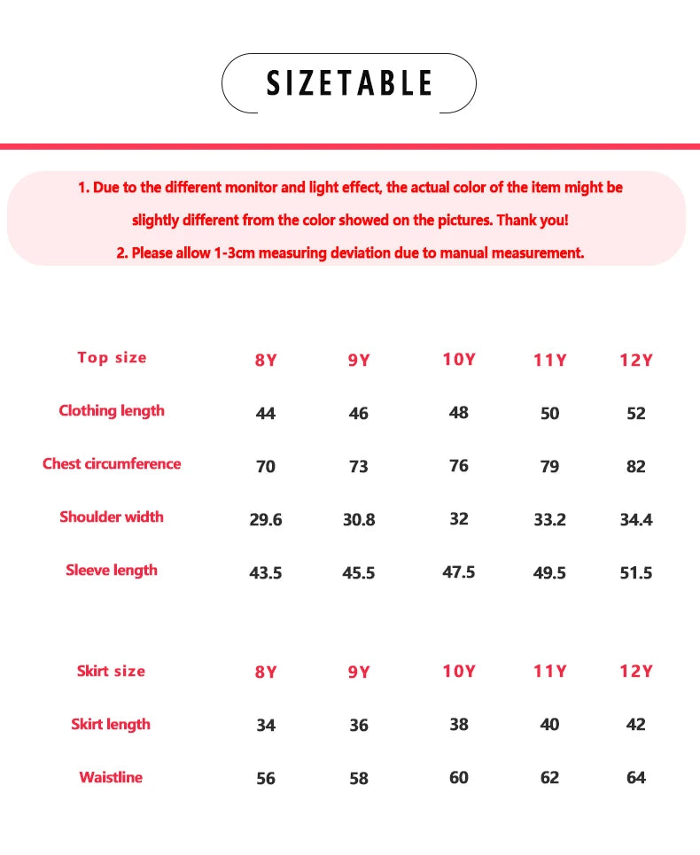 Size chart for EtherealBe sweet ruffle long sleeve top and skirt, showing measurements for various sizes