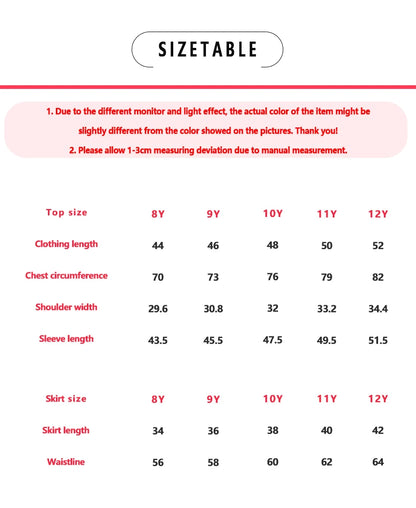 Size chart for EtherealBe sweet ruffle long sleeve top and skirt, showing measurements for various sizes