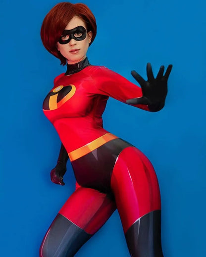 The Incredibles 2 Elastigirl costume featuring a form-fitting red suit with an eye mask