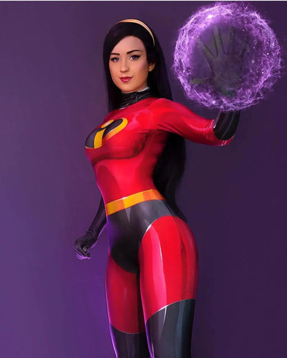 Woman wearing The Incredibles 2 Elastigirl costume with a dynamic pose and purple energy effect