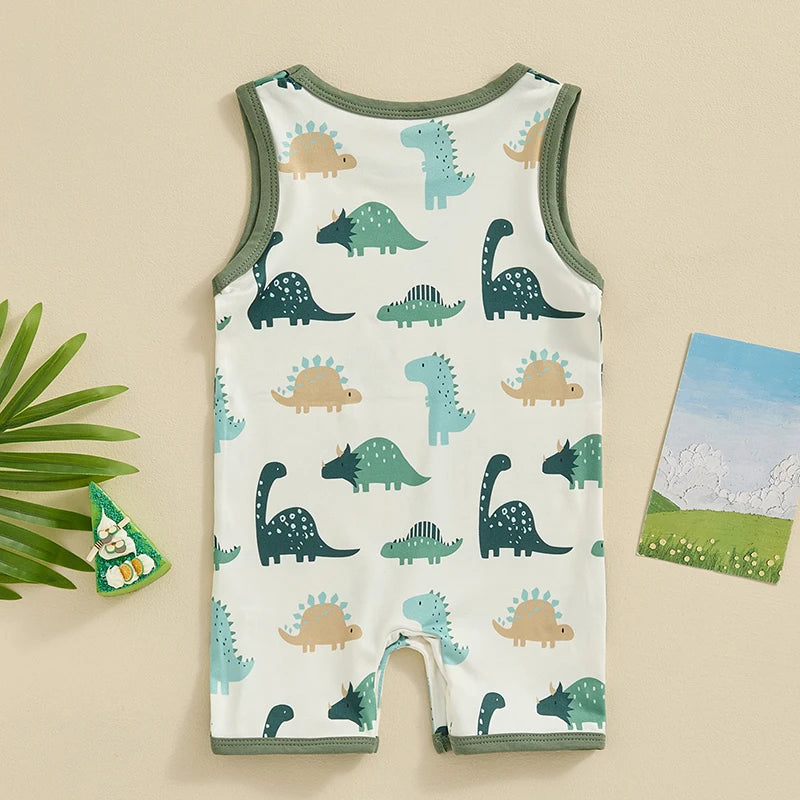 Cute toddler girl floral romper with playful dinosaur print and comfortable fit for summer adventures