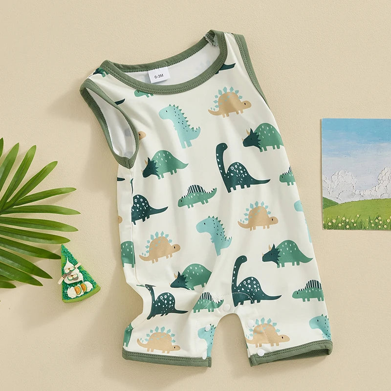 Cute toddler girl floral romper with playful dinosaur patterns and soft fabric for summertime fun