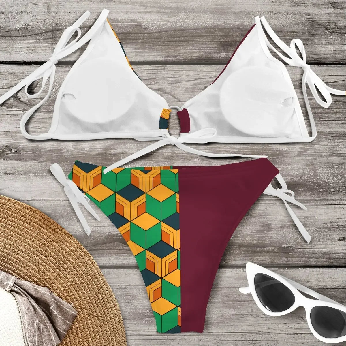 Tomioka Giyuu cosplay bikini set featuring colorful geometric designs and adjustable ties