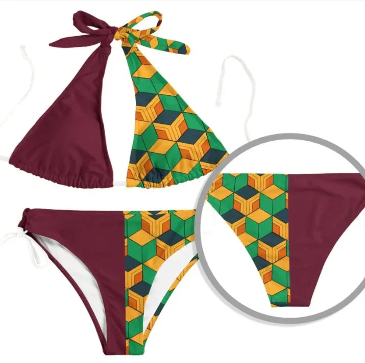 EtherealBe Tomioka Giyuu cosplay bikini set with colorful geometric patterns and adjustable straps