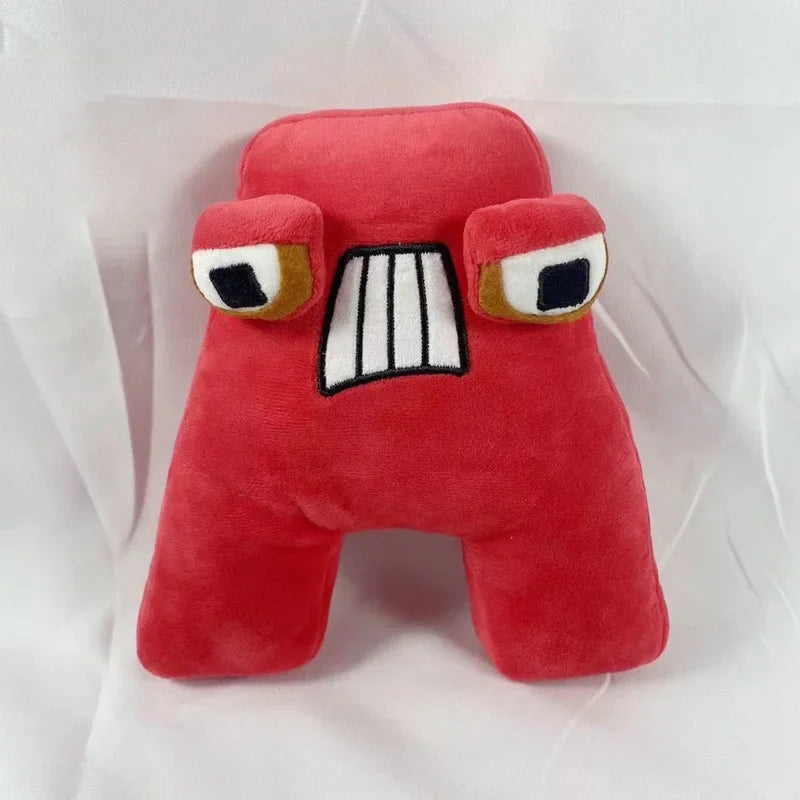 Funny A-shaped plush toy with vibrant red color and cartoonish facial expression for kids
