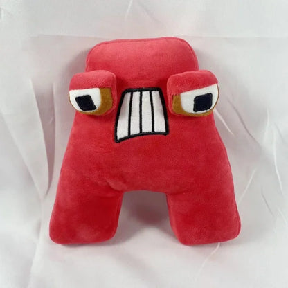 Funny A-shaped plush toy with vibrant red color and cartoonish facial expression for kids
