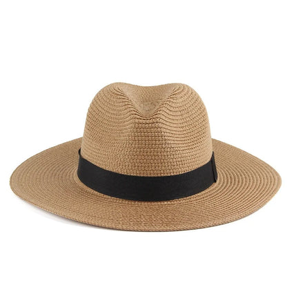 Trendy straw fedora hat with a wide brim and black ribbon band for stylish sun protection