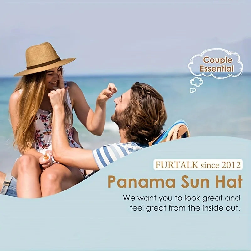 Couple enjoying beach time wearing a trendy straw fedora hat for sun protection and style