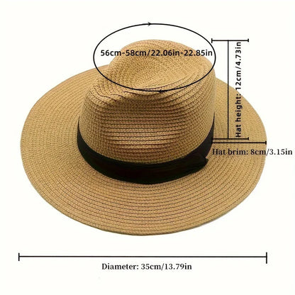 Trendy straw fedora hat with a wide brim and adjustable size for summer style