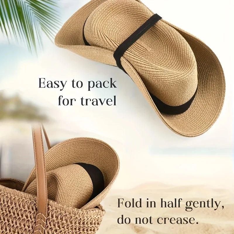Trendy straw fedora hat folded in a beach bag, ideal for travel without creasing