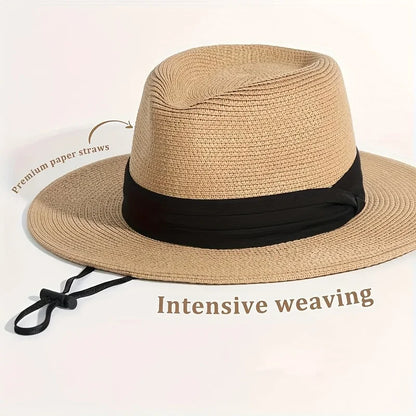Trendy straw fedora hat with a black band and premium paper straws for stylish summer wear