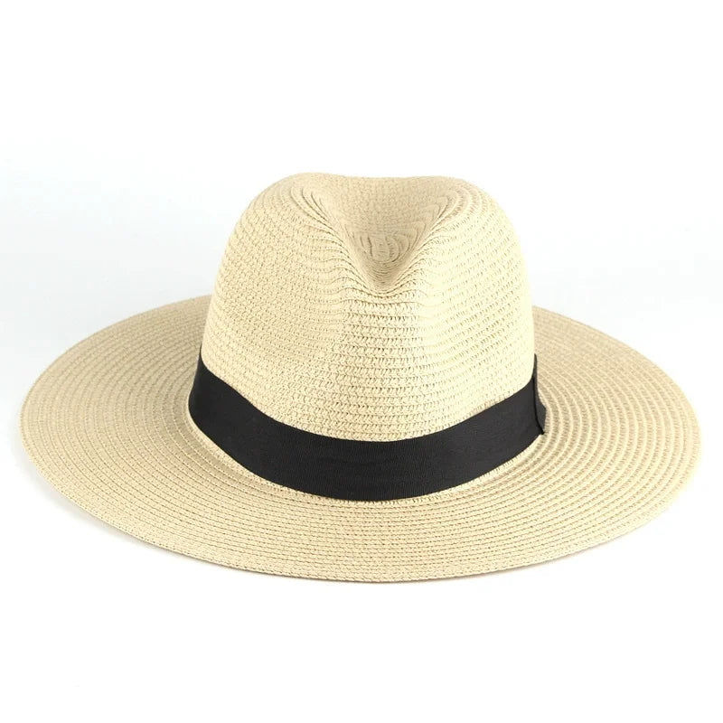 Trendy straw fedora hat with a wide brim and black band for stylish summer outings