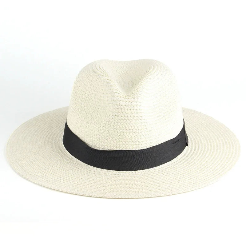 Trendy straw fedora hat in white with a black band for stylish summer outfits
