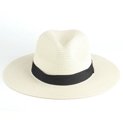 Trendy straw fedora hat in white with a black band for stylish summer outfits