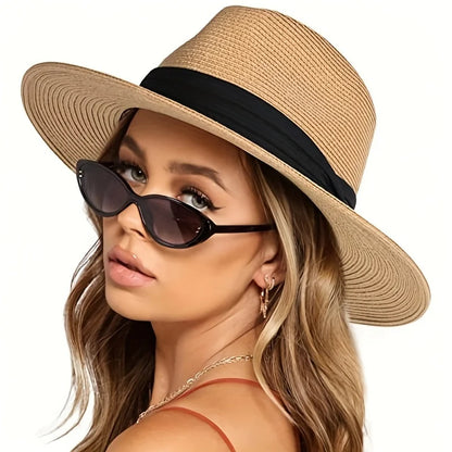 Trendy straw fedora hat in natural color with black ribbon band, perfect for summer outings