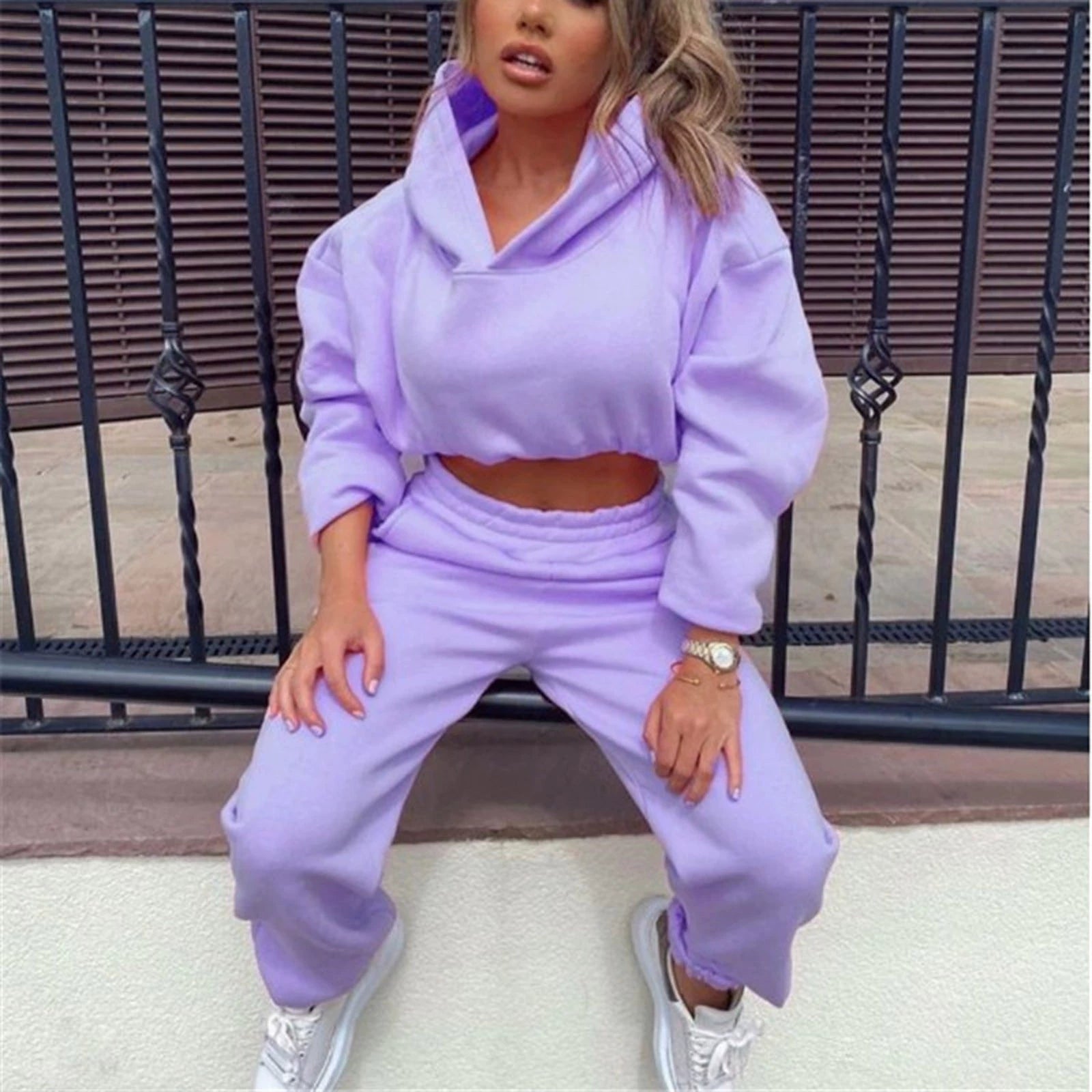 Trendy women's hoodie and joggers set in lavender perfect for casual wear or lounging