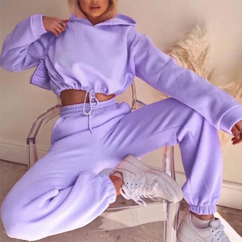 Trendy women's hoodie and joggers set in lavender color, perfect for casual outings