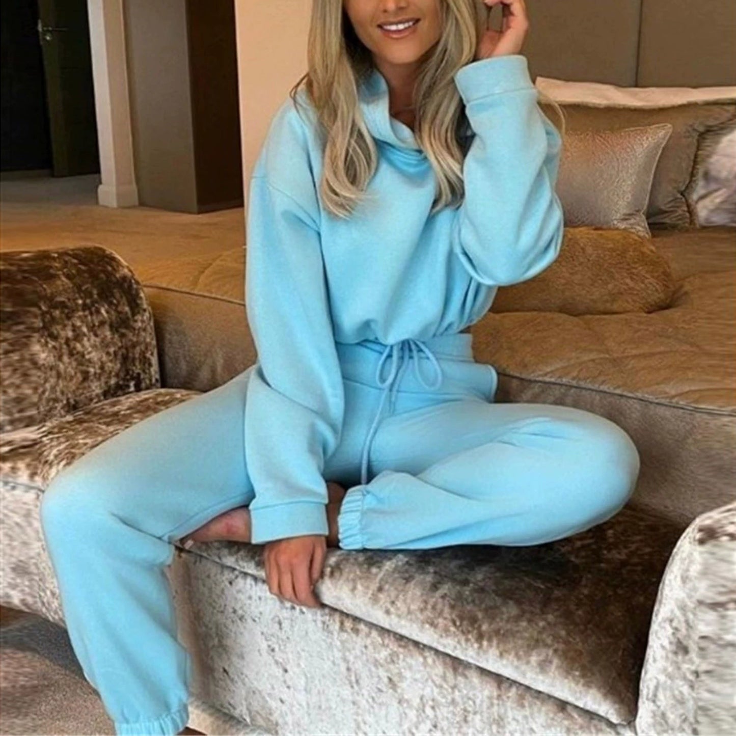 Light blue trendy women's hoodie and joggers set for stylish and comfortable loungewear