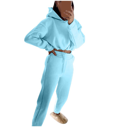Trendy women's hoodie and joggers set in light blue for casual and comfortable wear