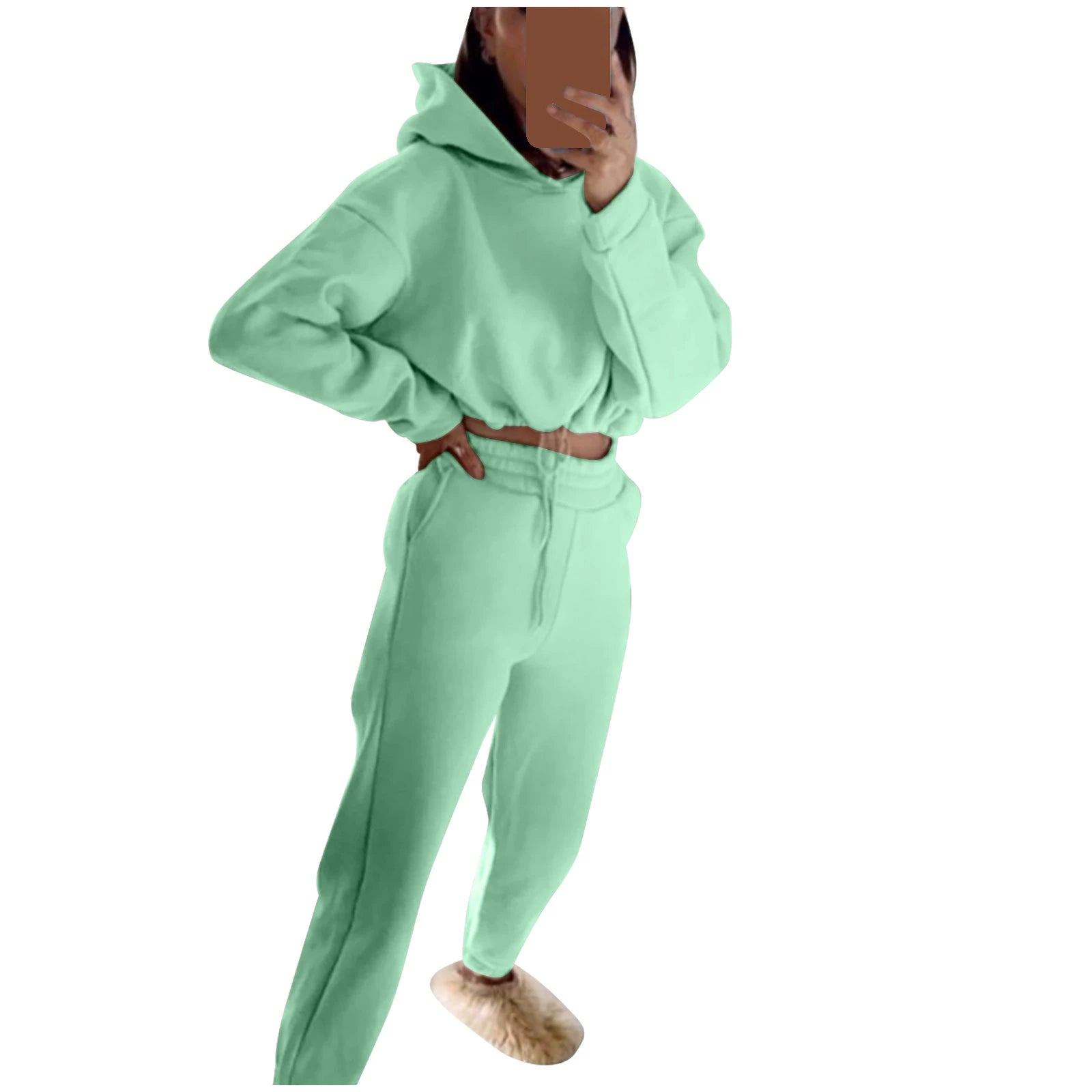 Trendy women's hoodie and joggers set in mint green, perfect for casual and comfortable outings