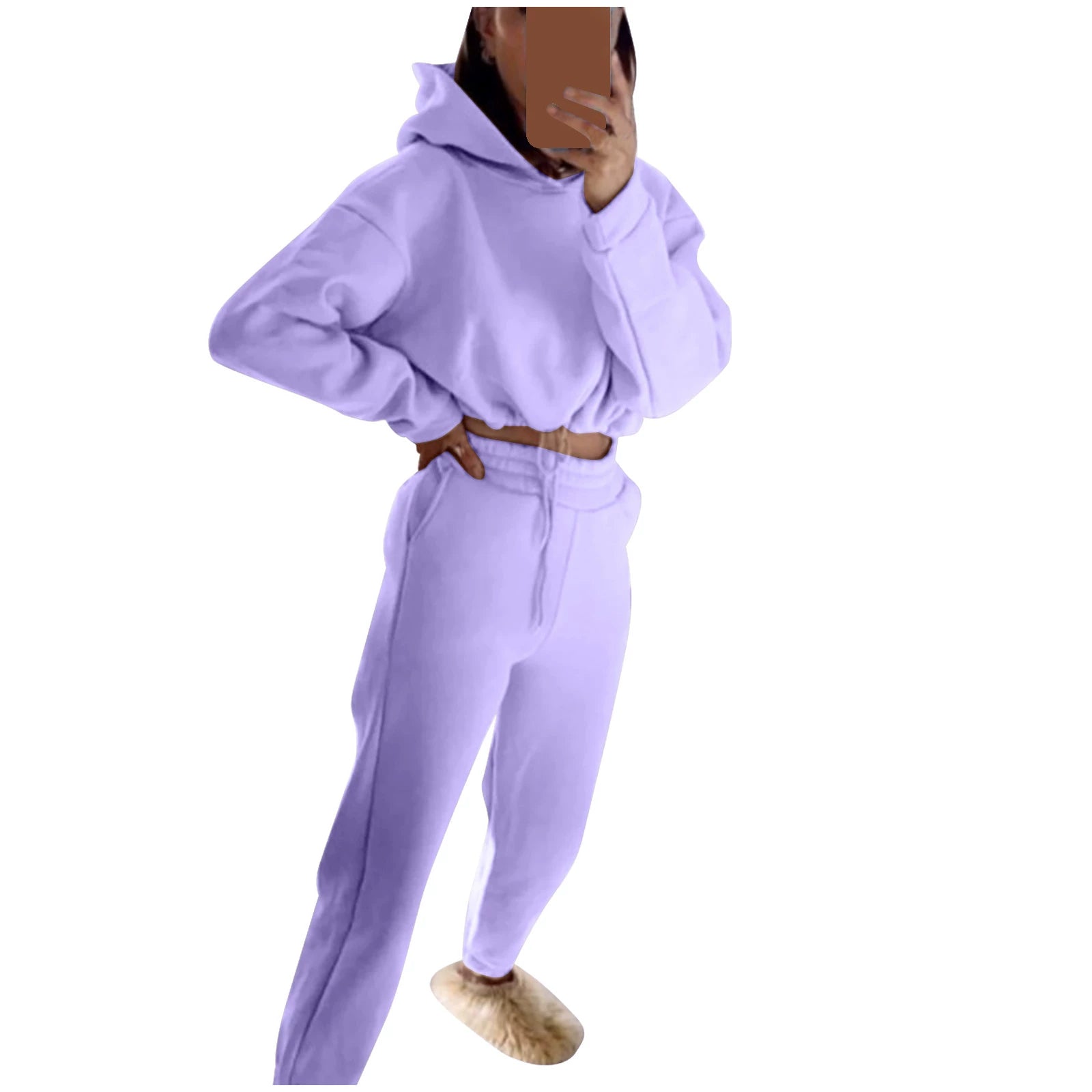 Trendy women's hoodie and joggers set in lavender with a relaxed fit and cozy style