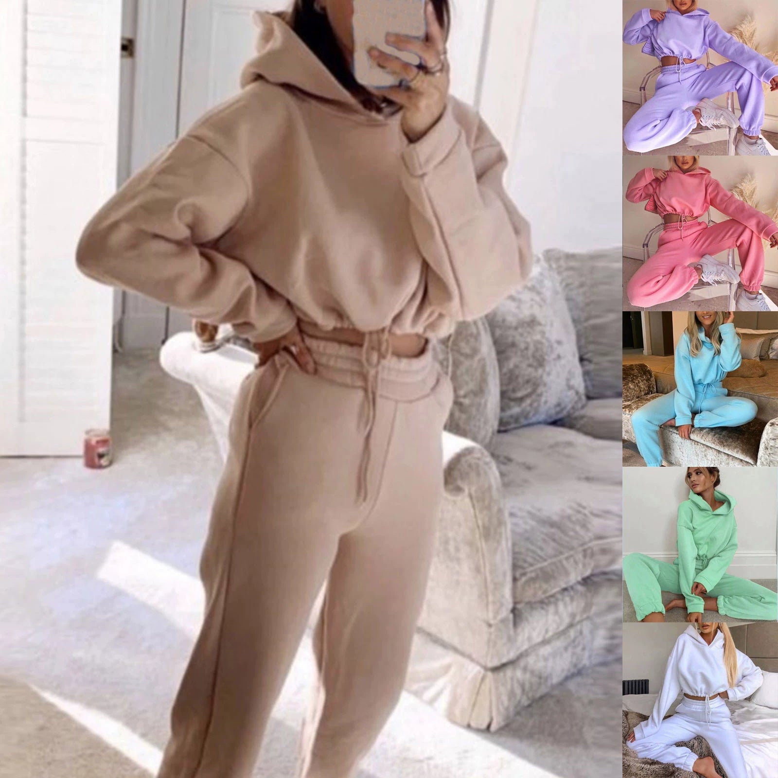 Trendy women's hoodie and joggers set in soft beige fabric for a stylish and comfortable look