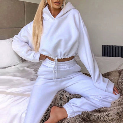 EtherealBe trendy women's hoodie and joggers set in white, featuring a relaxed fit and soft fabric for comfort