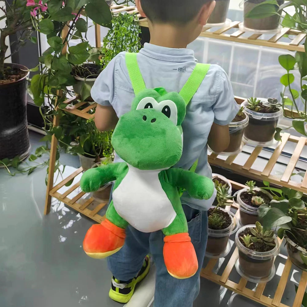 Child wearing a plush Yoshi backpack, a unique Super Mario character backpack with bright colors