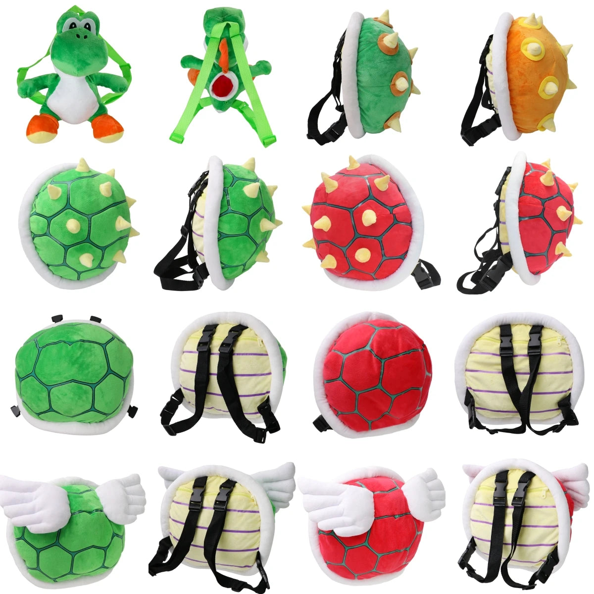 Unique Super Mario character backpack featuring plush designs of Yoshi, shells, and wings for fans