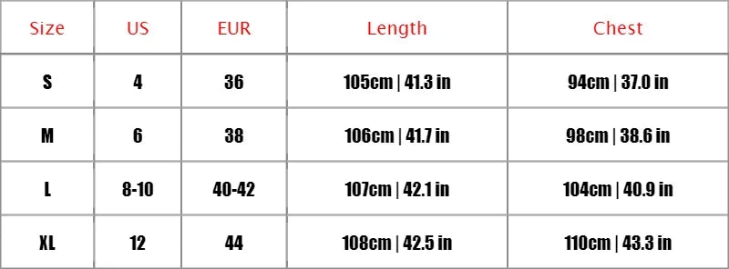 Size chart table for EtherealBe fashionable patchwork midi dress showing S M L XL lengths and chest measurements