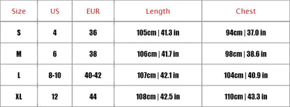 Size chart table for EtherealBe fashionable patchwork midi dress showing S M L XL lengths and chest measurements