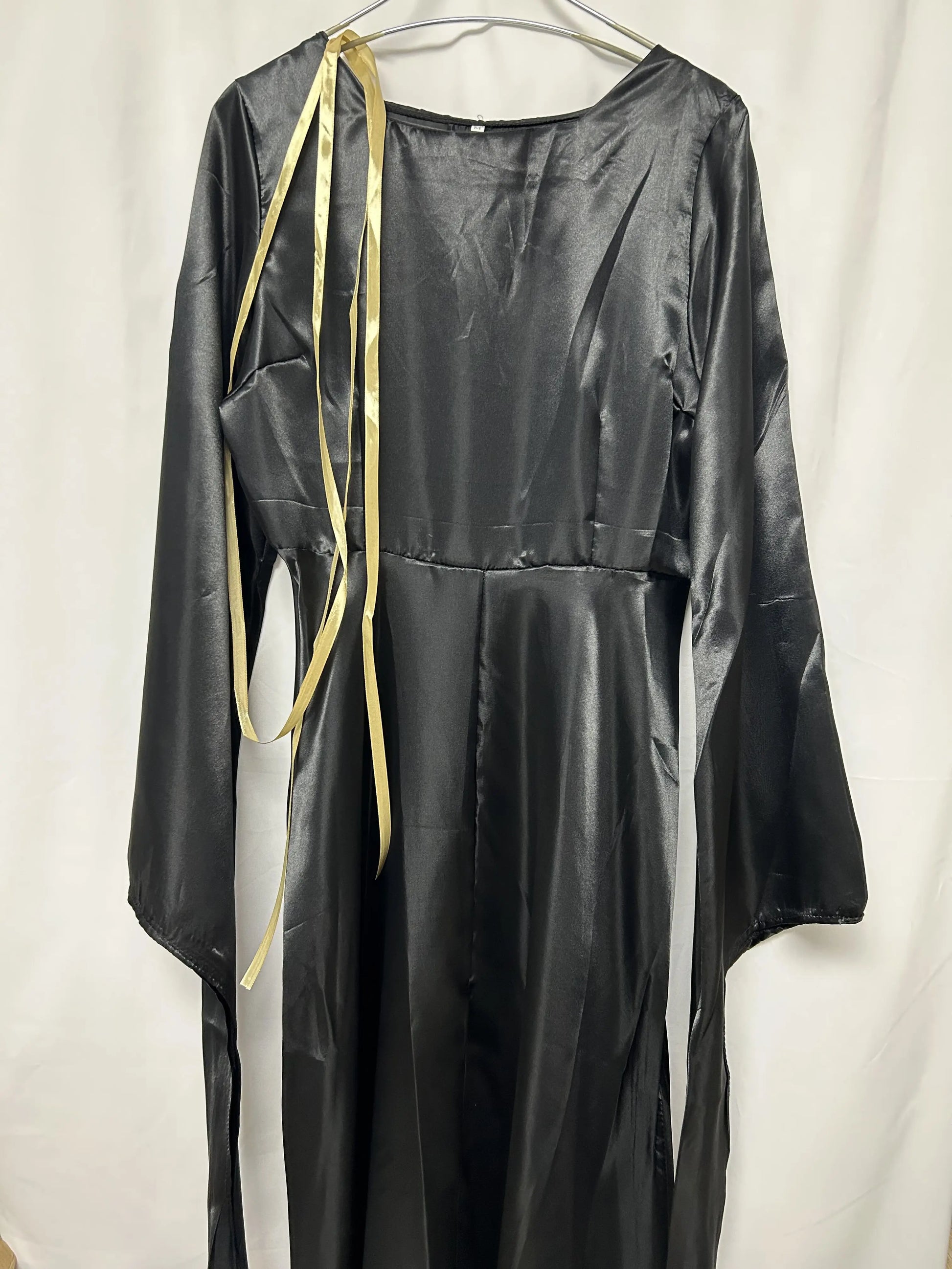 EtherealBe vampire bride cosplay costume in black satin with flowing sleeves and gold ribbons