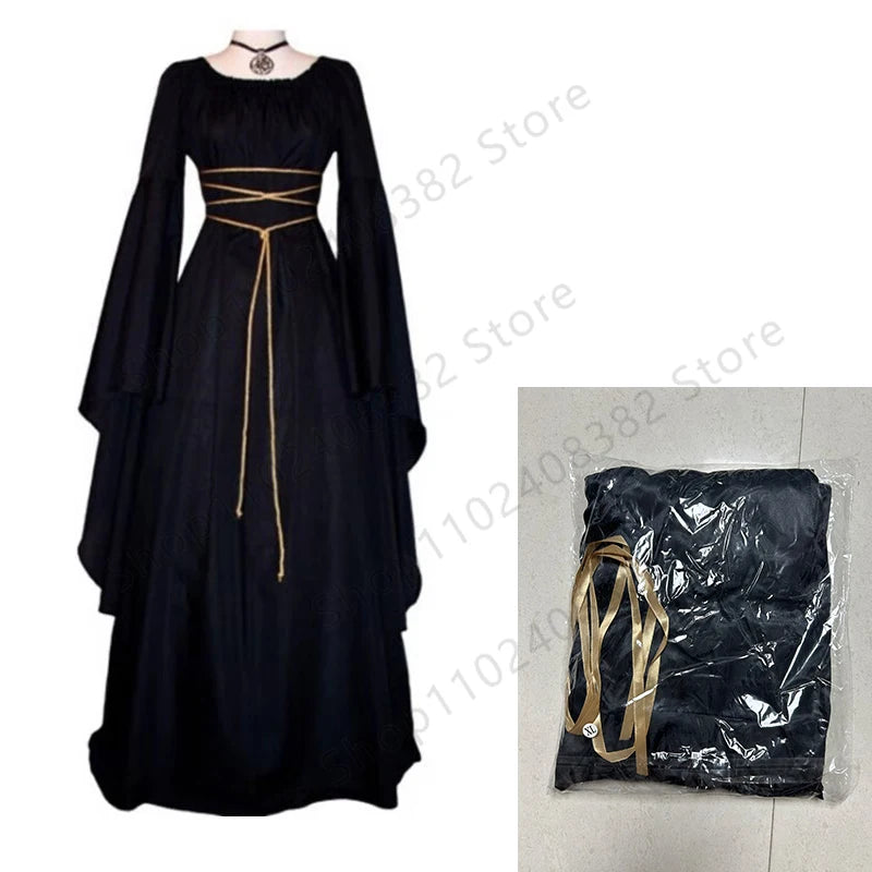 EtherealBe vampire bride cosplay costume featuring a long black dress with flowing sleeves and golden accents