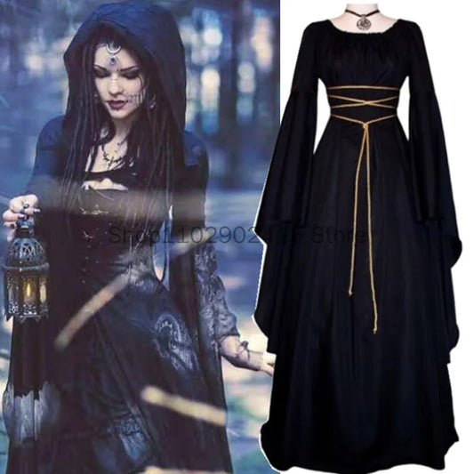 EtherealBe vampire bride cosplay costume featuring a flowing black gown with bell sleeves and a delicate belt