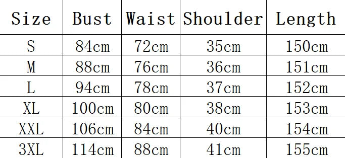 EtherealBe Vampire Bride Cosplay Costume Size Chart with Bust, Waist, Shoulder, and Length Measurements