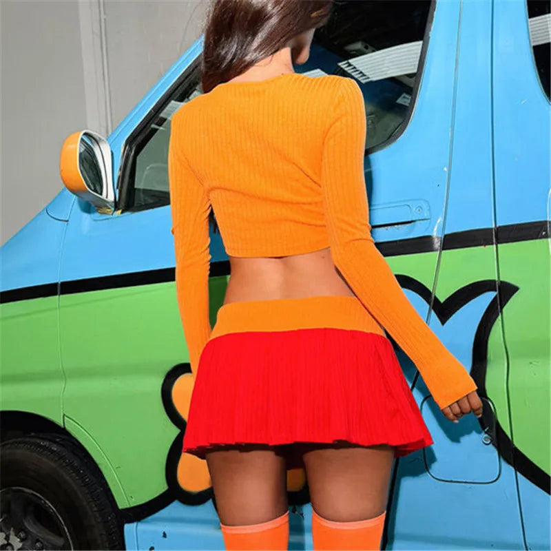 EtherealBe Velma costume for women featuring an orange top and red skirt for a stylish look