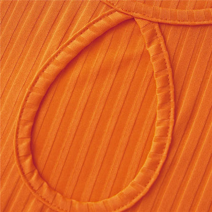 Detail of the ribbed collar on a Velma costume for women in bright orange fabric