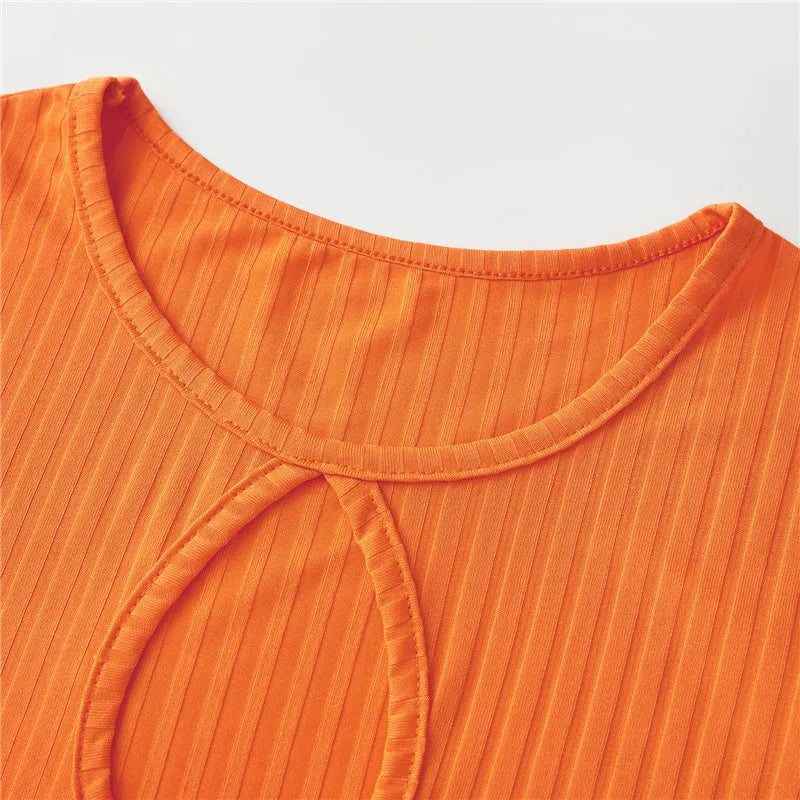 Close-up of the neckline of an orange Velma costume for women with a stylish design