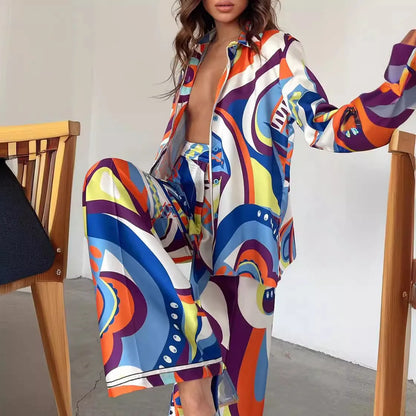 Fashionable abstract loose legged 2 piece set for women in vibrant colors and bold patterns