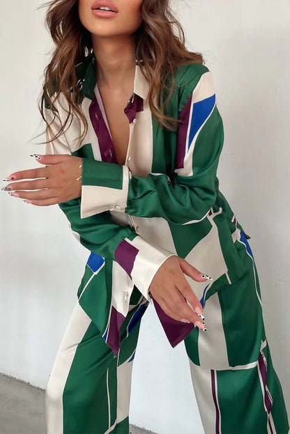 EtherealBe Abstract loose legged 2 piece set for women in green with geometric patterns and long sleeves