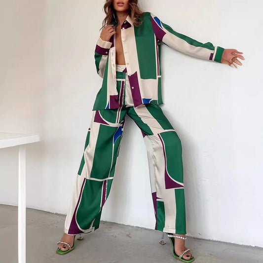 EtherealBe Abstract loose legged 2 piece set for women in vibrant green and purple with stylish patterns