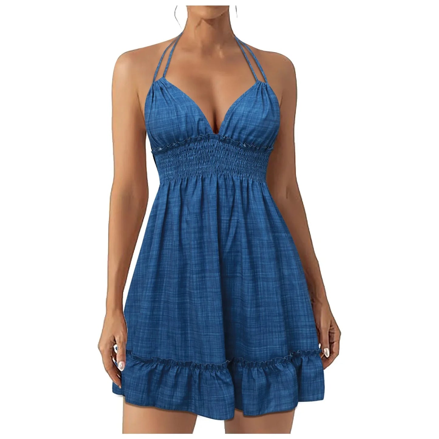 EtherealBe bohemian style summer dress with ruffle hem in blue, perfect for warm weather outings