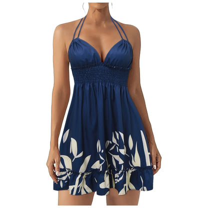 EtherealBe navy bohemian style summer dress with ruffle hem featuring a halter neck and floral design