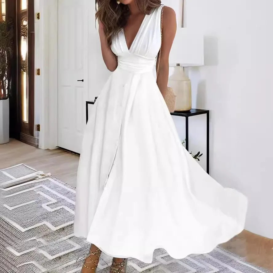 Elegant white chic sleeveless summer dress with a flowy silhouette for warm weather outings