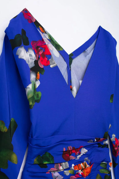 Elegant floral evening dresses for women in blue with vibrant floral patterns and a flattering neckline