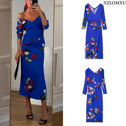 EtherealBe elegant floral evening dresses for women with off-shoulder design and vibrant blue color
