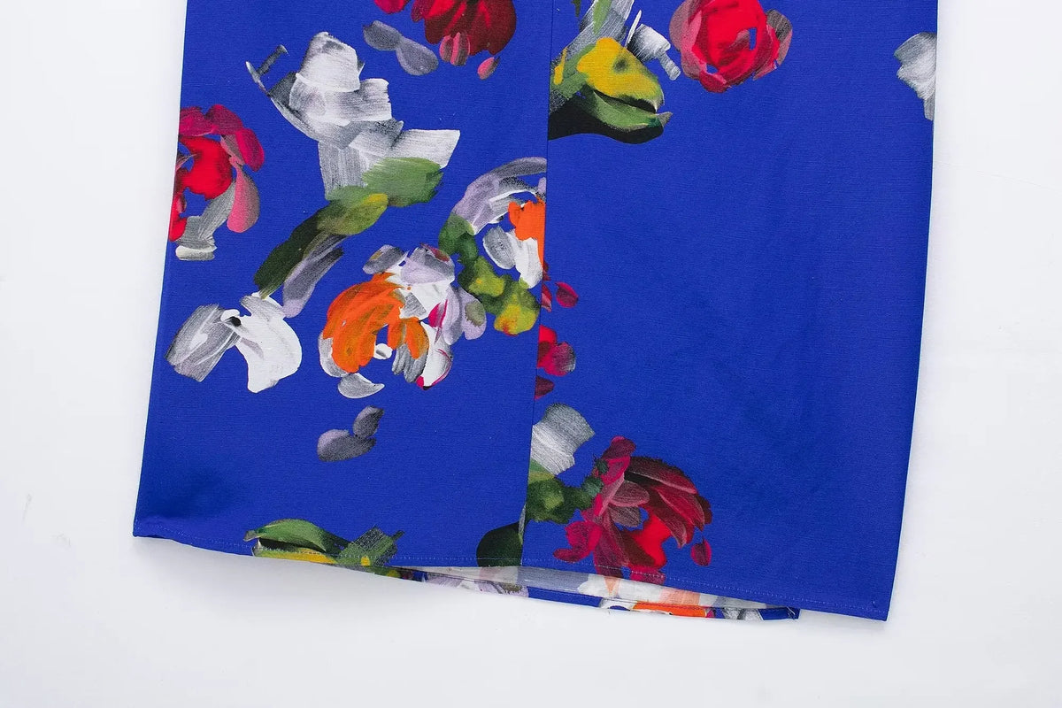 EtherealBe elegant floral evening dresses for women featuring vibrant blue fabric with colorful floral prints
