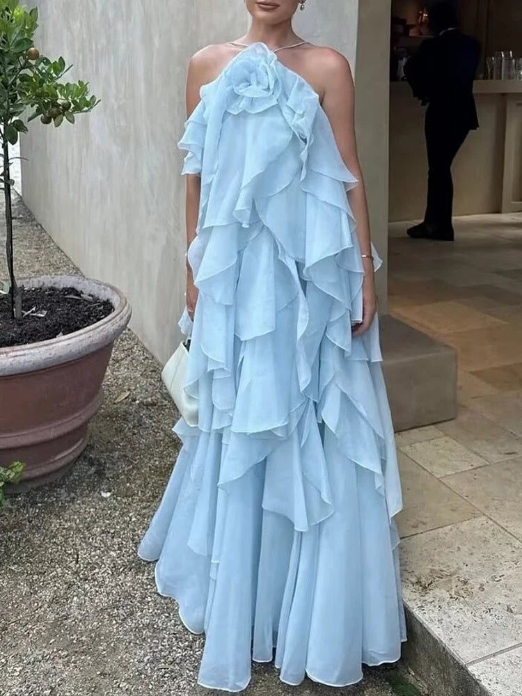 EtherealBe elegant layered decorative dress in light blue with ruffled tiers and floral detail