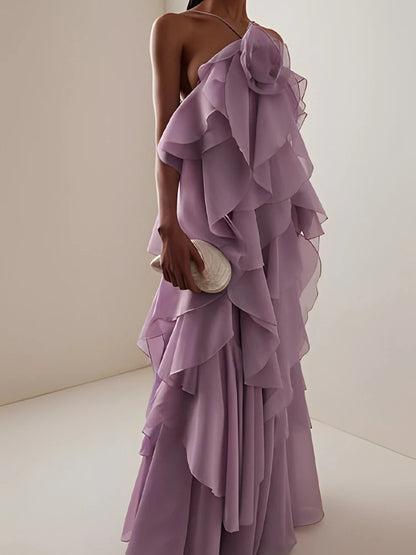 Elegant layered decorative dress in soft lavender with ruffled detailing for special occasions